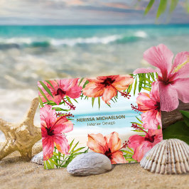 Tropical Beach Watercolor Hibiskus Blume & Palm Visitenkarte