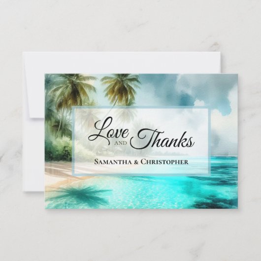 Tropical Beach Watercolor Love & Thanks Wedding Dankeskarte (Vorderseite)