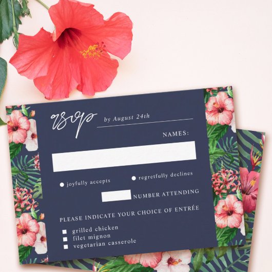 Tropical Beach Watercolor Meal Choice Navy RSVP Karte