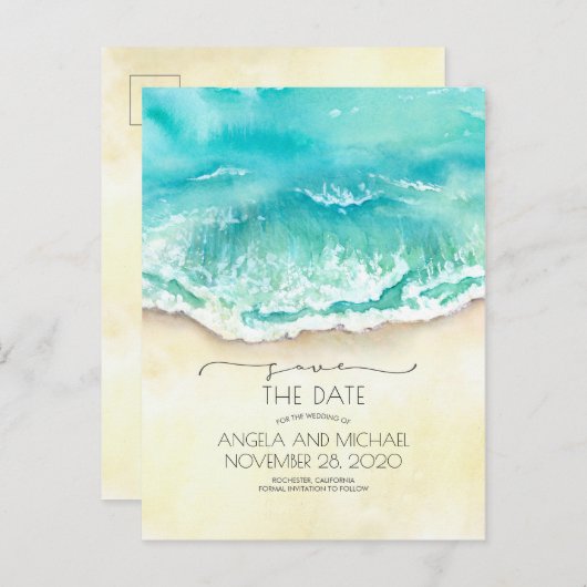 Tropical Beach Watercolor Save the Date Ankündigungspostkarte (Vorne/Hinten)