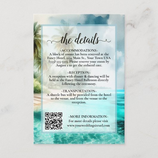 Tropical Beach Watercolor Wedding Details QR Code Begleitkarte (Vorderseite)