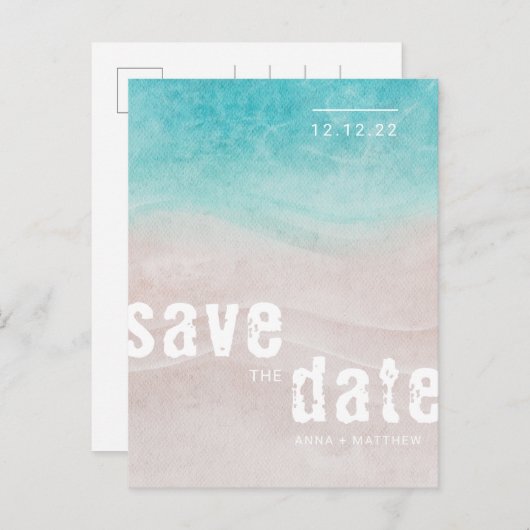 Tropical Beach Wedding Ankündigungspostkarte (Vorne/Hinten)