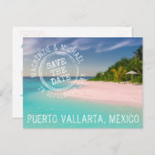 Tropical Beach Wedding Briefmarke Logo Save the Da Ankündigungspostkarte (Vorne/Hinten)