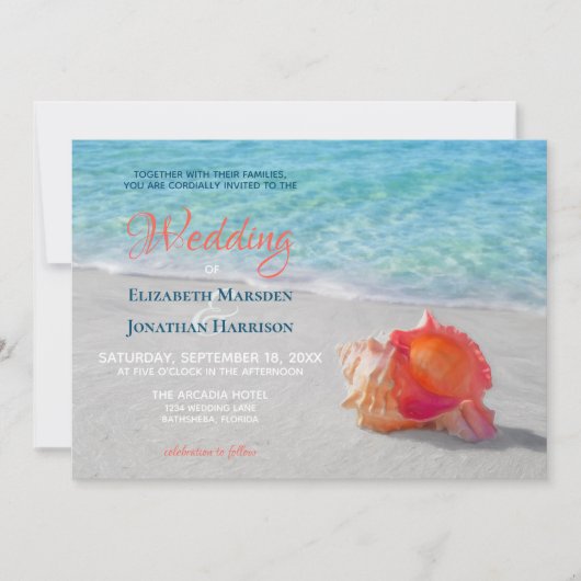 Tropical Beach Wedding Coral Seashell Modern Einladung (Vorderseite)