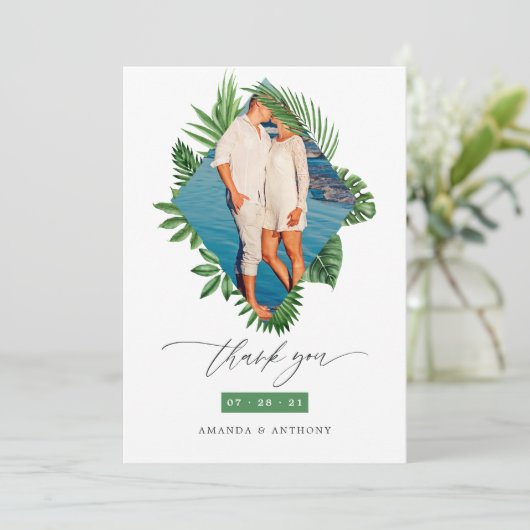 Tropical Beach Wedding Foto Collage Dankeskarte (Stehend Vorderseite)