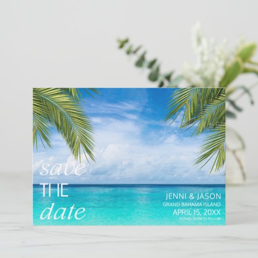 Tropical Beach Wedding Foto Save the Date (Stehend Vorderseite)