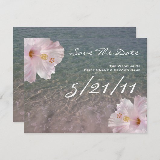 Tropical Beach Wedding Hibiskus Save the Date (Vorne/Hinten)