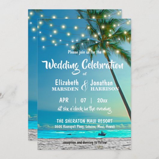 Tropical Beach Wedding Palms String Lights Modern Einladung (Vorne/Hinten)