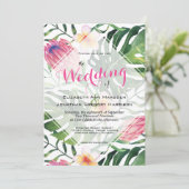 Tropical Beach Wedding Pink Protea Blumengrün Einladung (Stehend Vorderseite)