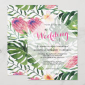 Tropical Beach Wedding Pink Protea Blumengrün Einladung (Vorne/Hinten)