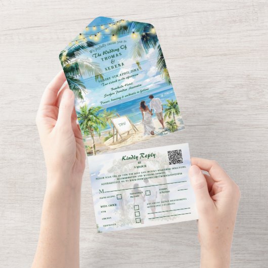 Tropical Beach Wedding QR Code Aqua All In One Einladung (Abreißen)