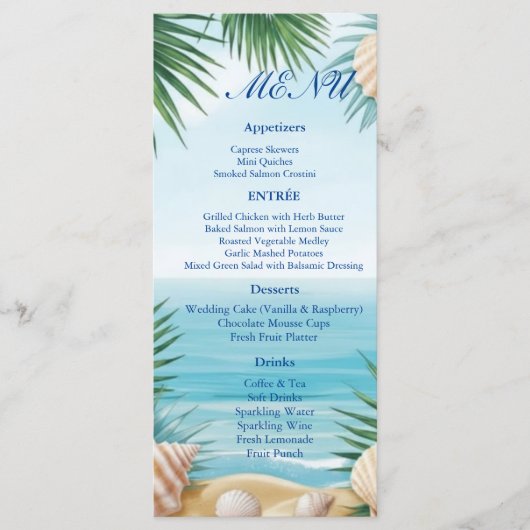 Tropical Beach Wedding Reception Menu Card Menükarte (Vorderseite)