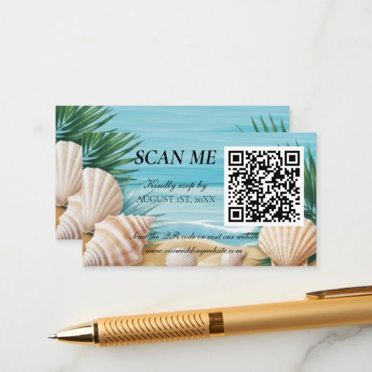 Tropical Beach Wedding RSVP QR Code Enclosure Begleitkarte (Vorderseite/Rückseite Beispiel)
