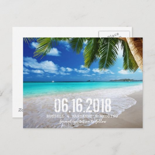 Tropical Beach Wedding Save the Date Postcard Ankündigungspostkarte (Vorne/Hinten)
