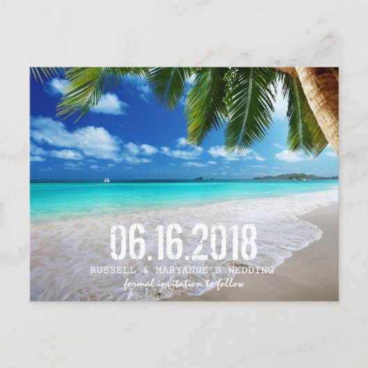 Tropical Beach Wedding Save the Date Postcard Ankündigungspostkarte (Vorderseite)