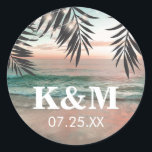 Tropical Beach Wedding | String of Lights Monogram Runder Aufkleber<br><div class="desc">Beach destination monogram stickers featuring a tropical palm beach setting, string twinkle lights, and a modern text template. Click on the “Customize it” button for further personalization of this template. You will be able to modify all text, including the style, colors, and sizes. You will find matching items further down...</div>