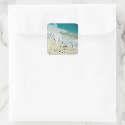 Tropical Beach Wedding Vielen Dank für Ihre Liebes Quadratischer Aufkleber (Tasche)
