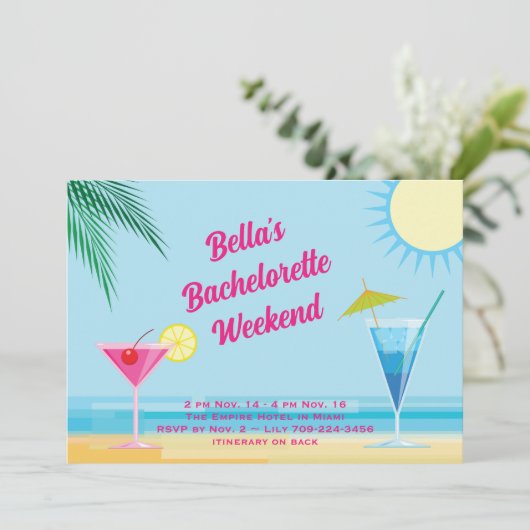 Tropical Beach Weekend Bachelorette Einladung (Stehend Vorderseite)