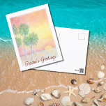 Tropical Beach Weihnachten Sonnenuntergang Palmen<br><div class="desc">Das Tropical Beach Weihnachtsfest Postkarte,  mit einem farbenfrohen,  handgezeichneten Kunstwerk eines Inselsonnenuntergangs. Mit anpassbarer Schrift können Sie Ihren eigenen Text hinzufügen. Eine lustige Karte,  um Liebenden weit und breit zu schicken.</div>