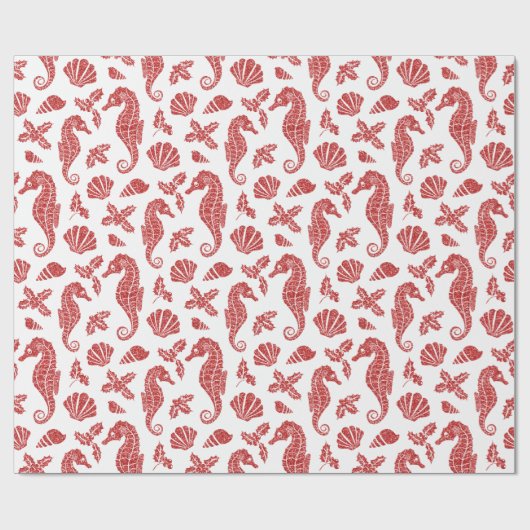 Tropical Beach Weihnachts Roter Glitzer Seepferde Geschenkpapier (Flach)