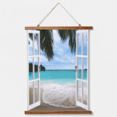 Tropical Beach Window Ocean View Wall Tapestes Wandteppich Mit Holzrahmen (Vorderseite)
