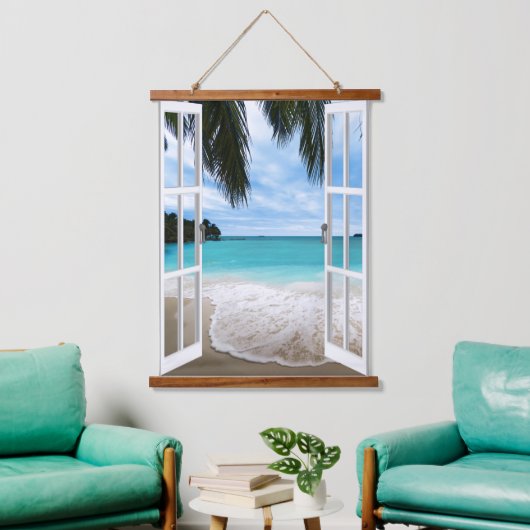 Tropical Beach Window Ocean View Wall Tapestes Wandteppich Mit Holzrahmen (Wohnzimmer)