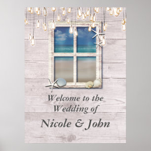 Tropical Beach Window White Wood Banner Poster