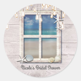 Tropical Beach Window White Wood Elegante Küste Runder Aufkleber