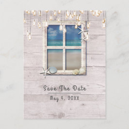 Tropical Beach Window White Wood Save the Date Ankündigungspostkarte