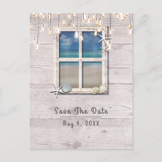 Tropical Beach Window White Wood Save the Date Ankündigungspostkarte (Vorderseite)