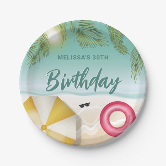 Tropical Beach With Palm Leaves Summer Birthday Pappteller (Vorderseite)