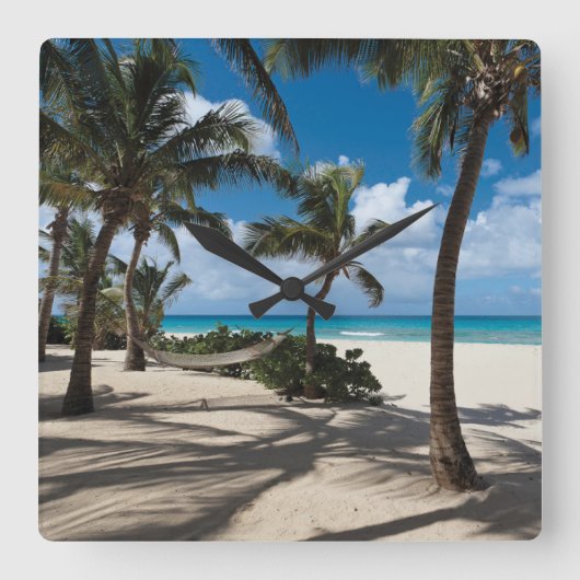 Tropical Beaches | Anguilla Beach, Palm Tree Quadratische Wanduhr (Vorderseite)