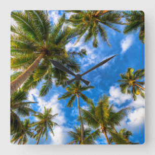 Tropical Beaches   Palm Trees on Blue Sky Quadratische Wanduhr