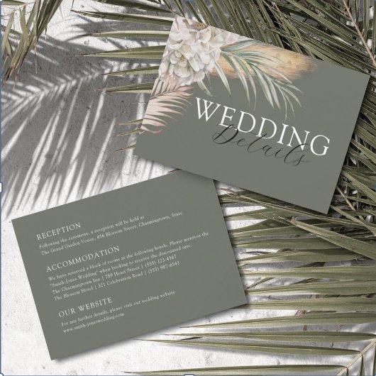 Tropical Beige Floral & Palm Wedding Details Begleitkarte