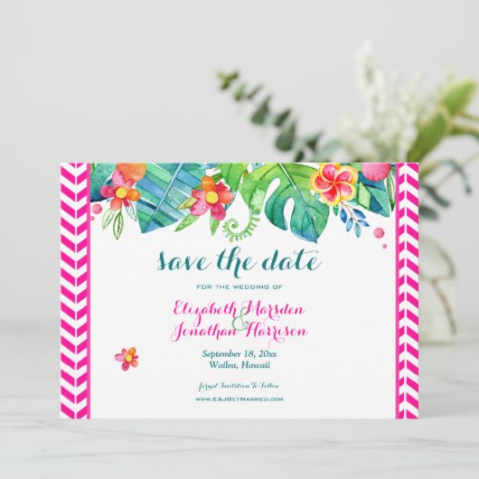 Tropical Berry Pink Aquamarine Zickzack Hochzeit m Save The Date (Stehend Vorderseite)