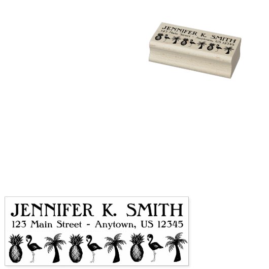 Tropical Bird Flamingo Palm Tree Ananas Adresse Gummistempel (Stempel)