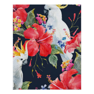 Tropical Bird Watercolor Roter Hibiskus Blume Poster