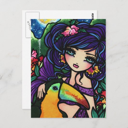 Tropical Bird Waterfall Meerjungfrau Fantasy Giro Postkarte (Vorne/Hinten)