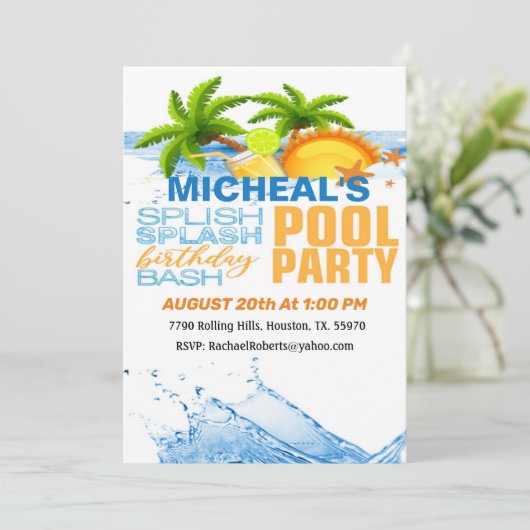 Tropical Birthday Bash Pool Party Einladung (Stehend Vorderseite)