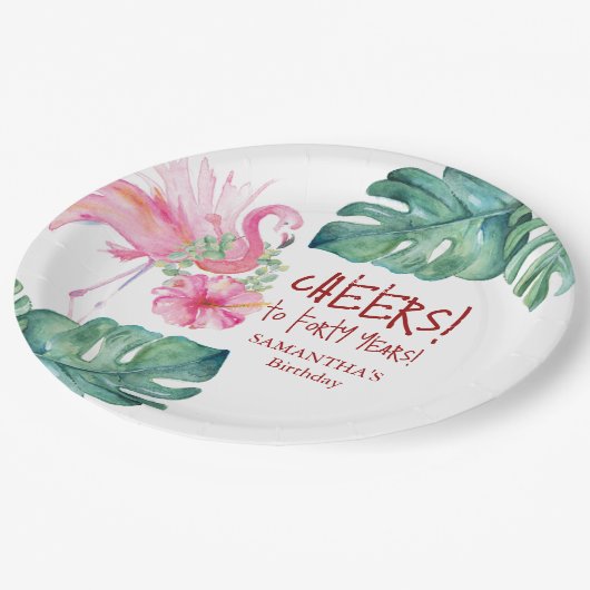 Tropical Birthday Pink Flamingo Pappteller (Schrägansicht)