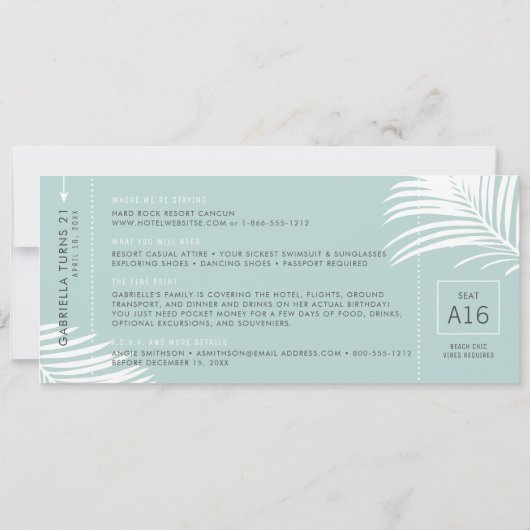 Tropical Birthday Trip Boarding Pass Ticket Aquama Einladung (Rückseite)