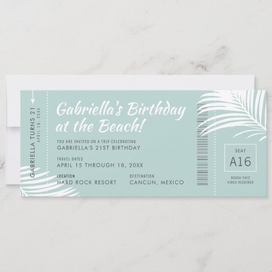Tropical Birthday Trip Boarding Pass Ticket Aquama Einladung (Vorderseite)