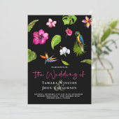Tropical Black Floral Greenerity Beach Wedding Einladung (Stehend Vorderseite)