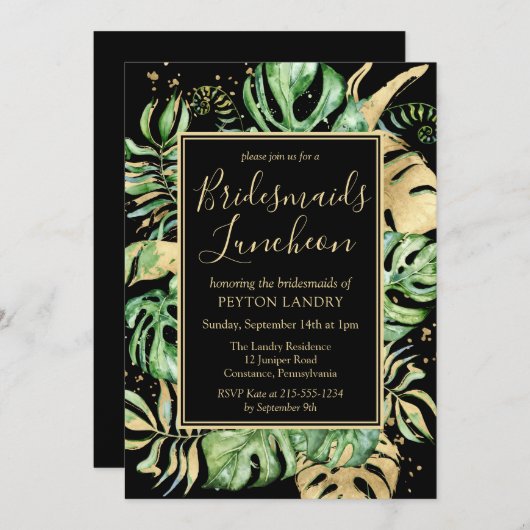 Tropical Black & Gold Bridesmaids Luncheon Einladung (Vorne/Hinten)