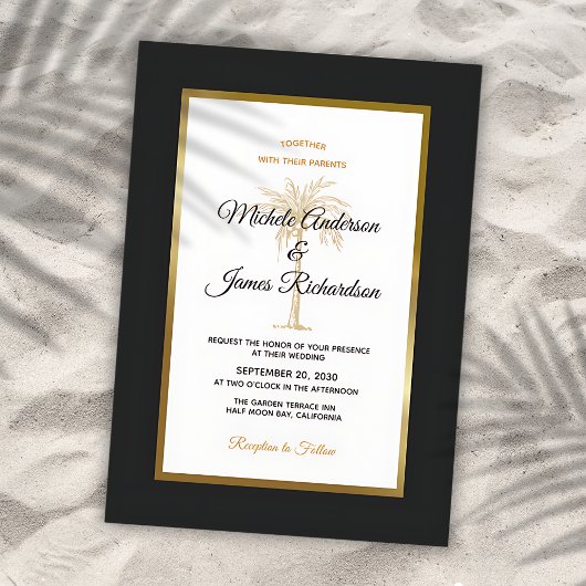 Tropical Black Gold Palm Tree Moderne Hochzeit Einladung