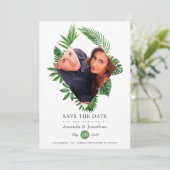 Tropical Blätter Beach Foto Hochzeit Save The Date (Stehend Vorderseite)