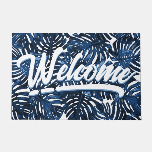 Tropical Blätter Navy Blue White Script Willkommen Fußmatte (Vorderseite)