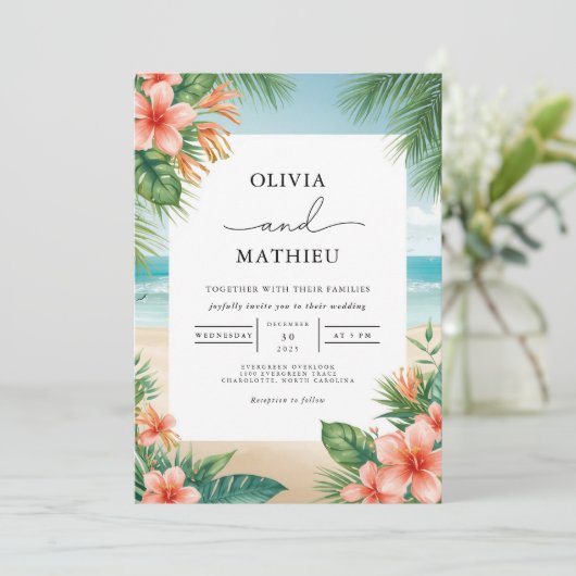 Tropical Bloom Beach Wedding Einladung (Stehend Vorderseite)