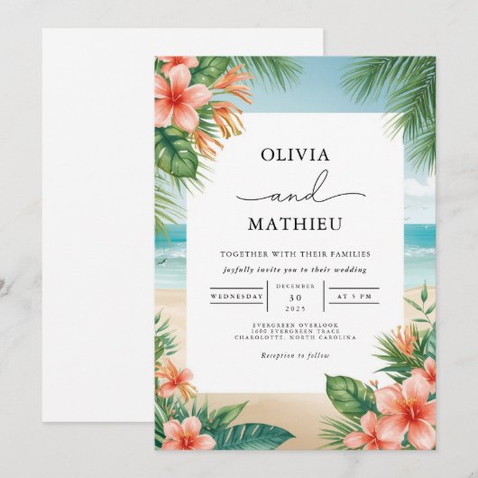 Tropical Bloom Beach Wedding Einladung (Vorne/Hinten)