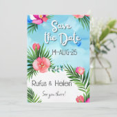 Tropical Blooms Summer Beach Wedding Save the Date Einladung (Stehend Vorderseite)
